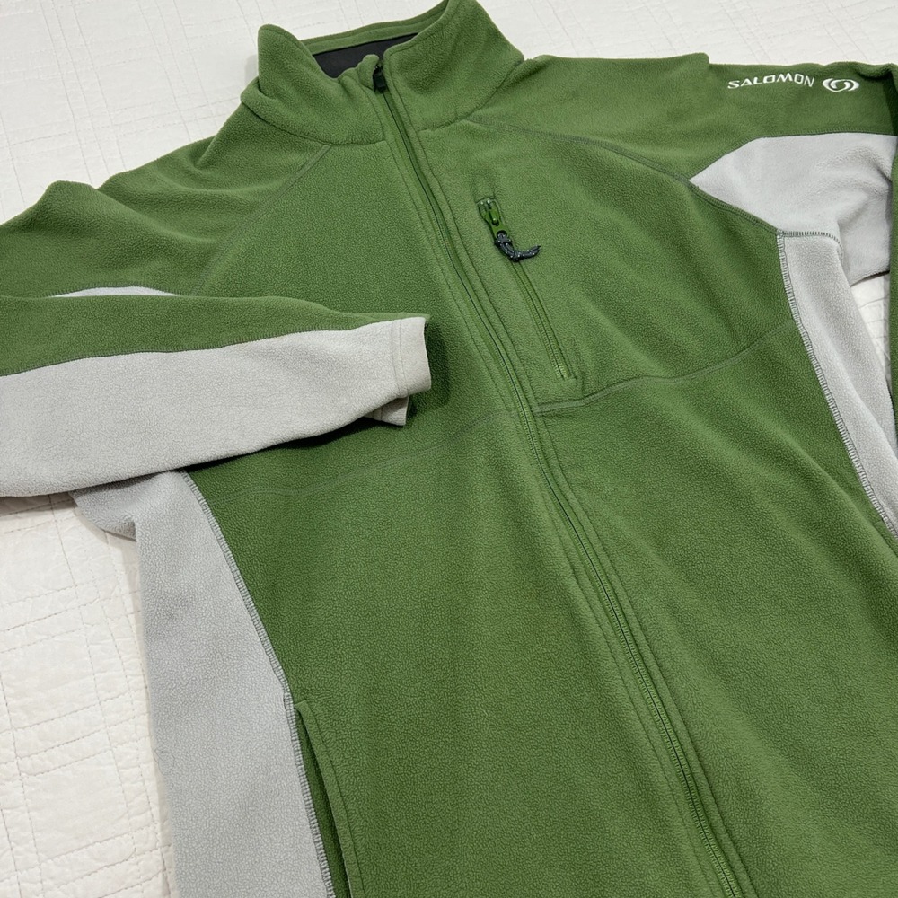 Salomon Polartec Fleece Jacket Mens XL Green Grey Zip Hiking Mid Layer *NOTE